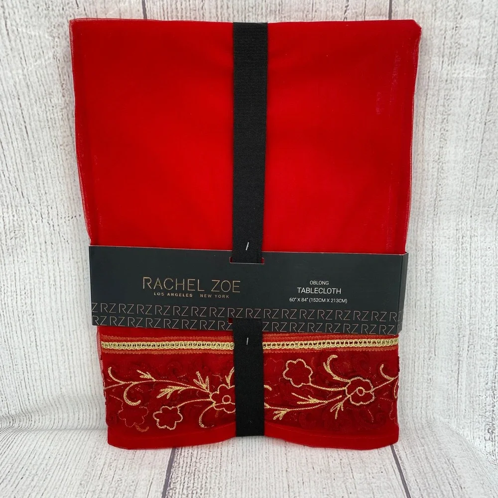 Rachel Zoe Tablecloth 60x84 Red Gold Floral Embroidered Oblong Sheer Luxury